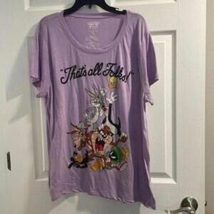 Looney Tunes Purple Scoop Neck Short Sleeve Characters Graphic Tee Shirt